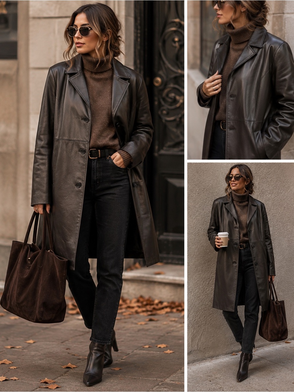 Women's Black Leather Single-Breasted Coat - Classic Fall Trench